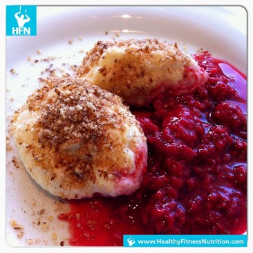 Fitness Dessert: Protein Curd Cheese Dumplings with Raspberry Sauce
